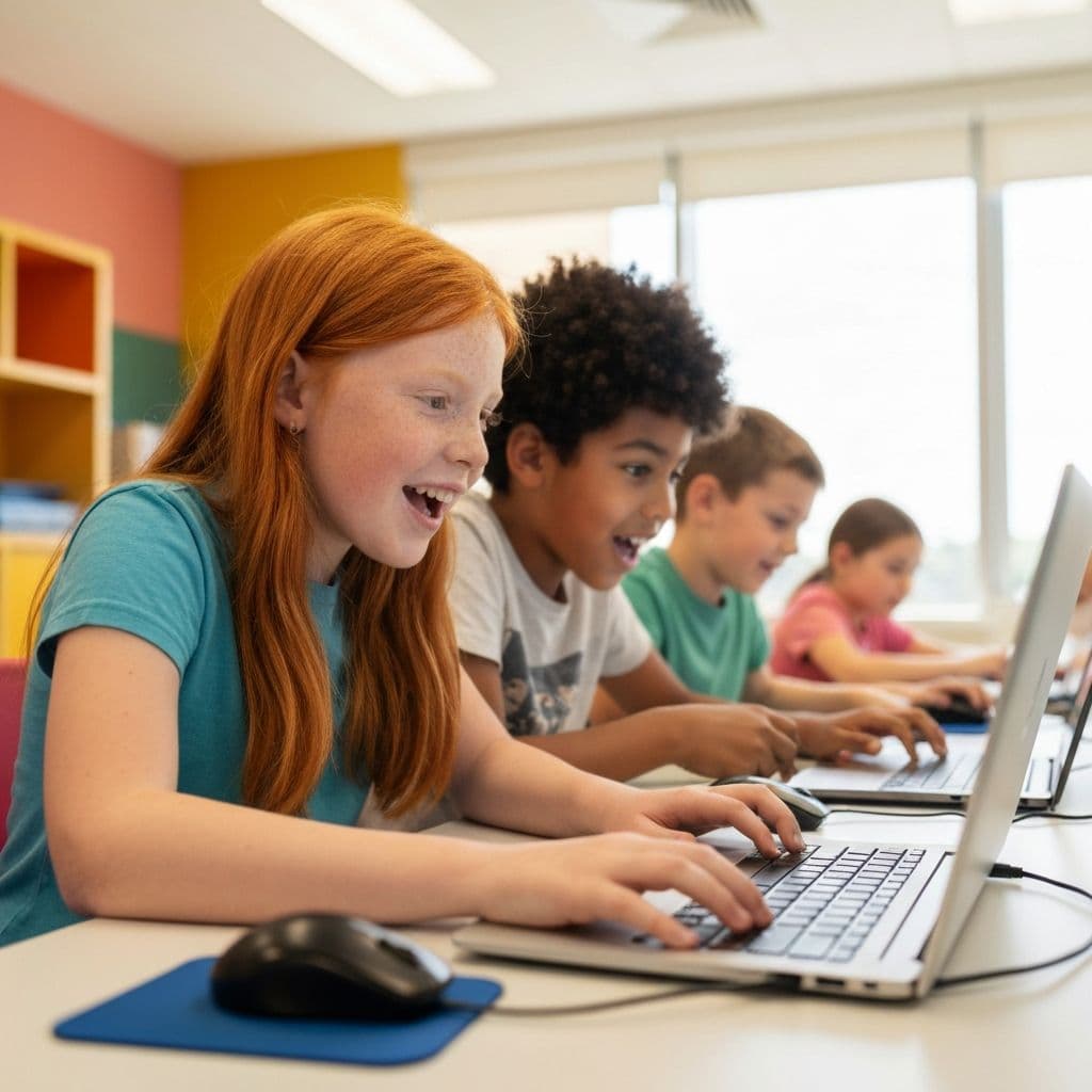 Grupo pequeño de niños latinoamericanos aprendiendo IA