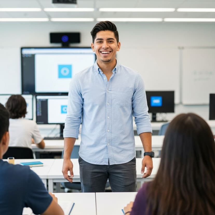 Instructor de tecnología latino inspirador enseñando IA
